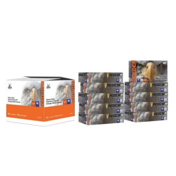 Case of Golden Heavy Duty Diamond Grip Orange Nitrile Gloves